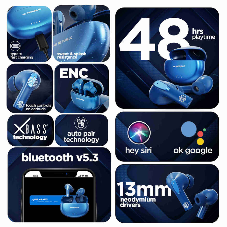 Nu Republic Epic X3 in Ear TWS Earbuds with Upto 48 hrs Playtime, X-Bass Technology, ENC Mic,Type-C Fast Charging - Blue