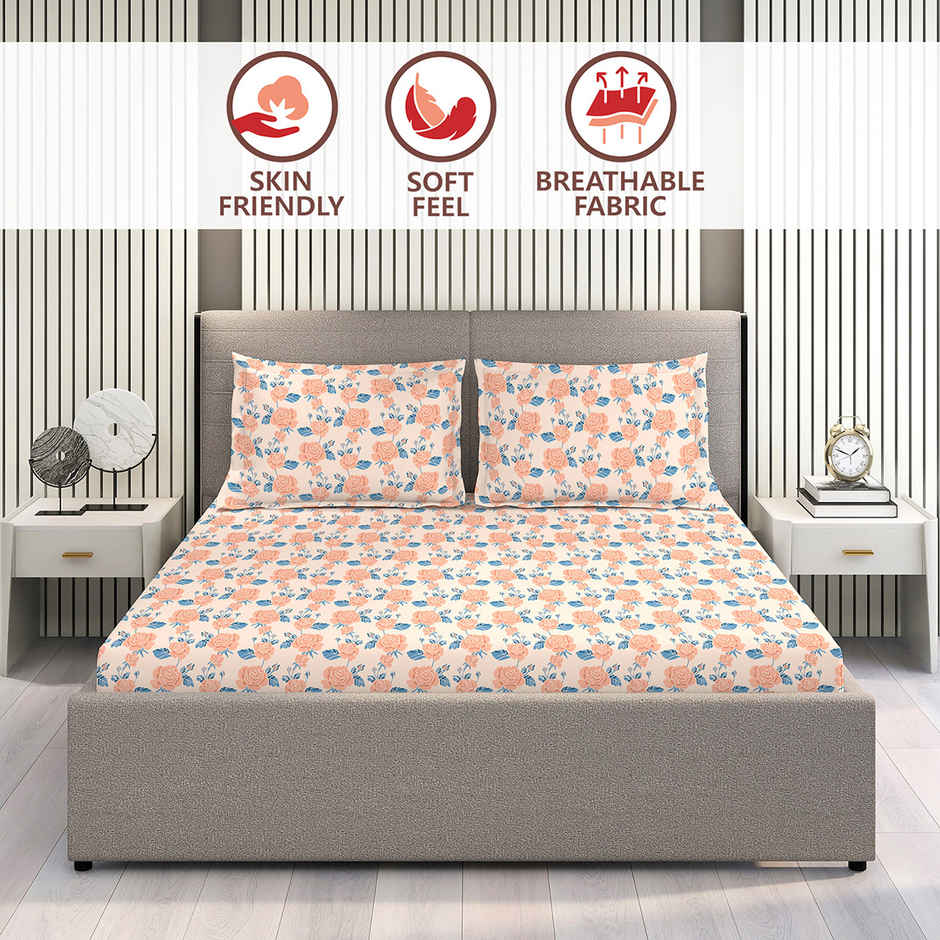 Layers Marigold 100% Cotton 144 TC Peach King Bedsheet with 2 Pillow Covers