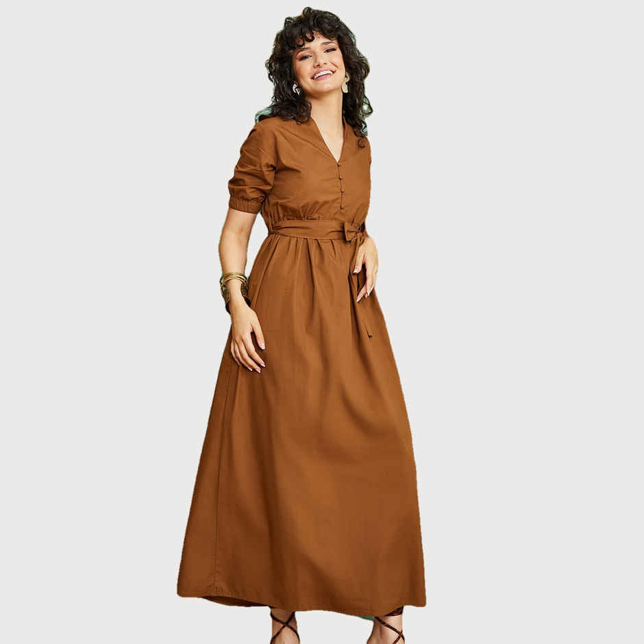 Styli Women's Maxi Dress with Button Detail and Self Tie | Brown - S