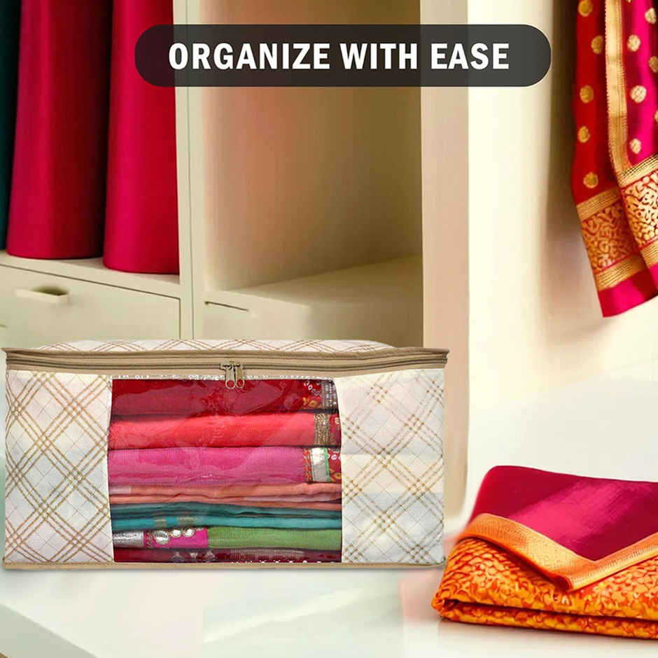 Kuber Industries Pack of 3 Non-Woven Saree Covers with Zip | Organizer for Saree & Lehenga | Cream