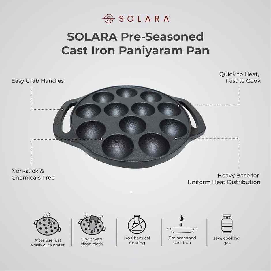 Solara Pre Seasoned Cast Iron Paniyaram Pan With 12 Cavities (8 Inch, 20 Cm)