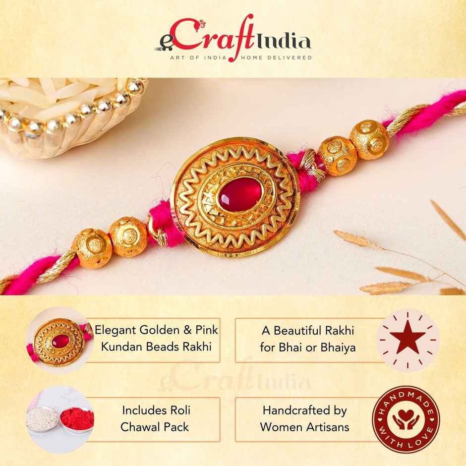 Kundan Designer Rakhi Golden Pink Beads with Roli Chawal | Pack of 1 | Ecraftindia