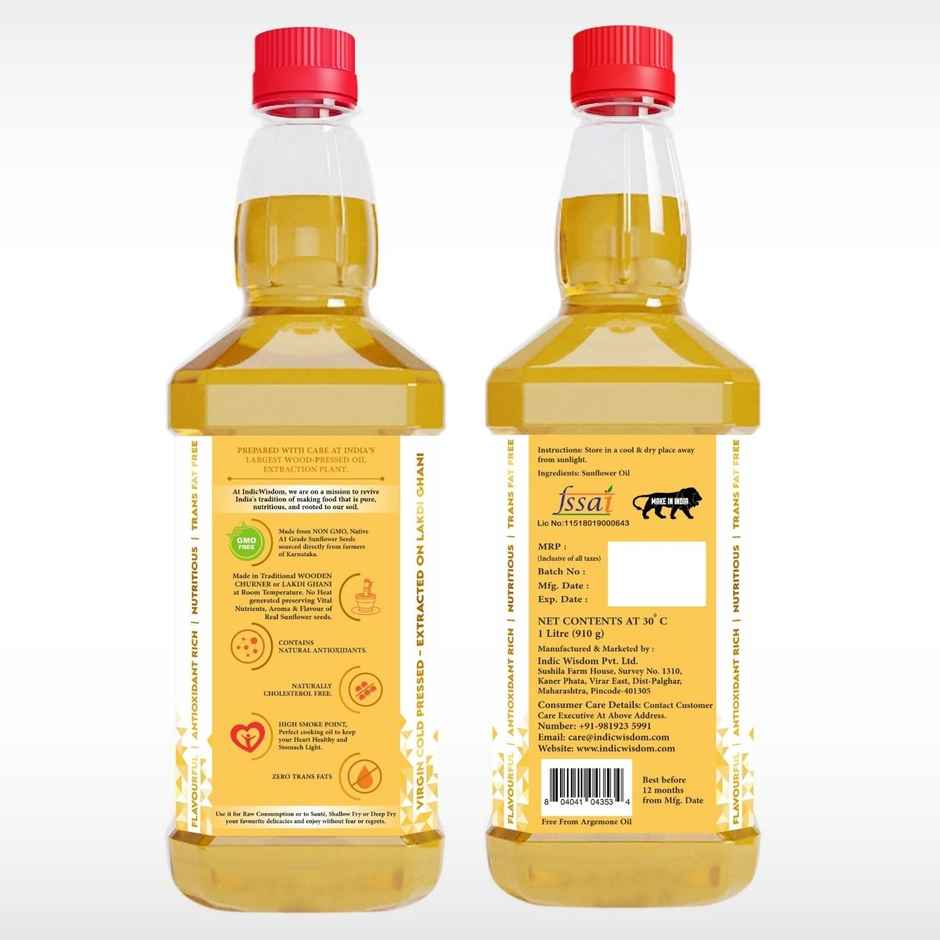 Indic Wisdom Sunflower Wood Pressed Oil | Cold Pressed - Extracted on Wooden Churner