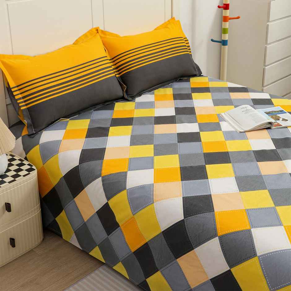 Story@home Double 144 TC Cotton Flat Geometric Bedsheet | Grey | 98 x 89 in