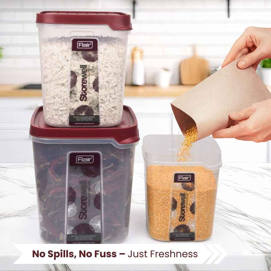 Flair Plastic Storewell Square Food Storage Containers Maroon - Set 3 Pcs (6000Ml,8000 ml,12000 ml)