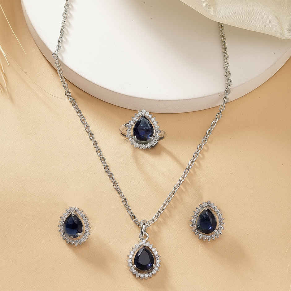 Zeneme Rhodium-Plated Blue American Diamond Necklace and Earrings With Ring For Women & Girls