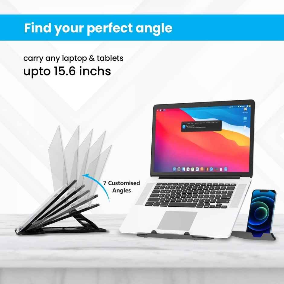 Portronics My Buddy Hexa 22 Laptop Stand with 360 Rotation Base, Mobile Stand, 7 Adjustable Heights, Air Ventilation, Portable & Foldable Design for Upto 15.6 Inches Laptops & MacBook - Black