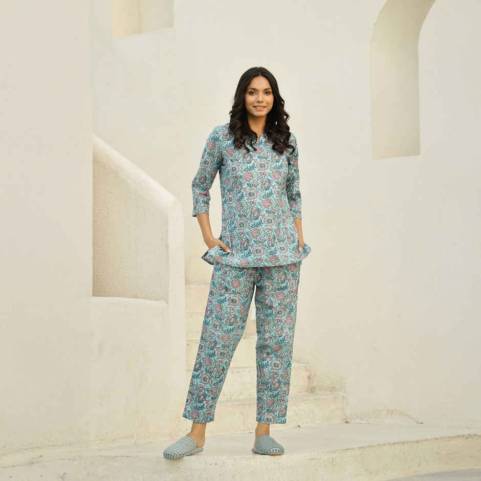 Sanskrutihomes Women's Printed Pure Cotton Night Suit | Turquoise Blue - L