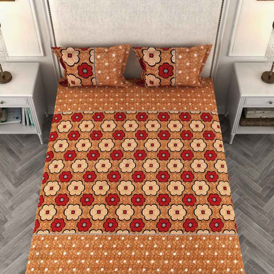 Romee 144 TC Floral Printed Cotton Bedsheet for Double Bed with 2 Pillow Covers | Beige and Brown