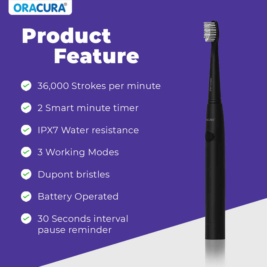 Oracura SB100BK Sonic Lite Battery Operated Electric Toothbrush | Black