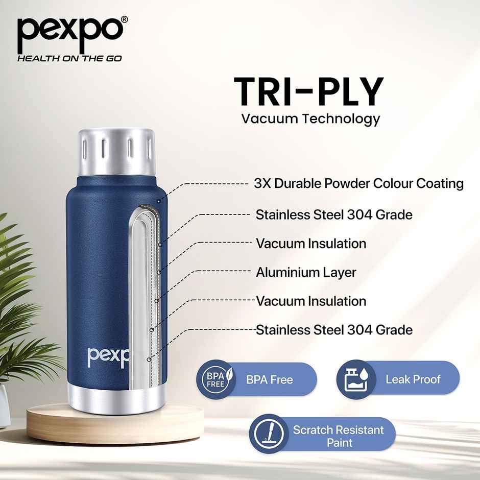 Pexpo Stainless Steel Cameo Hot & Cold Water Bottle | Denim Blue | 300 ml