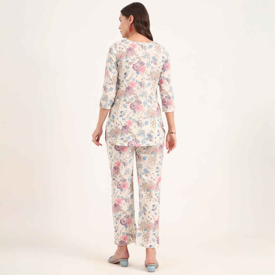 Divena Women's Cotton Floral Printed Night Suits | DK0292 | Cream - M