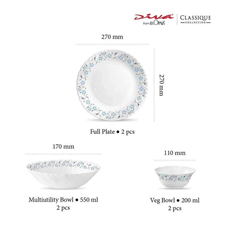 La Opala Diva Classique Dinner Set | Opal Glass Crockery for Dining | 6 Pcs - Grace Blue