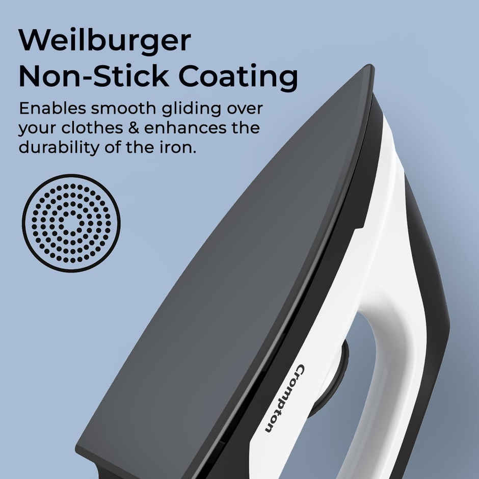 Crompton Cromyon 1000W Iron | Non-Stick Soleplate | 6 Fabric Settings | White & Black