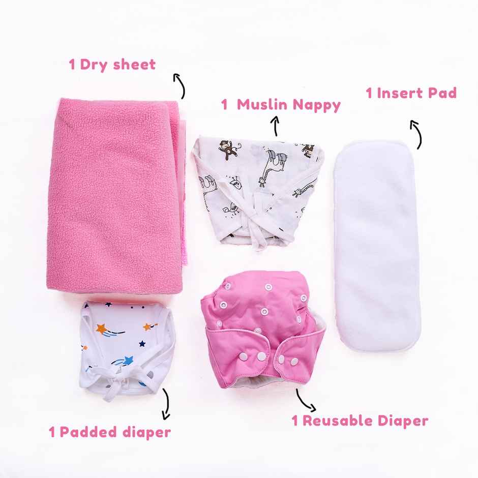Moms Home Organic Cotton Baby Nappy Time Combo | 5 Items | Pink