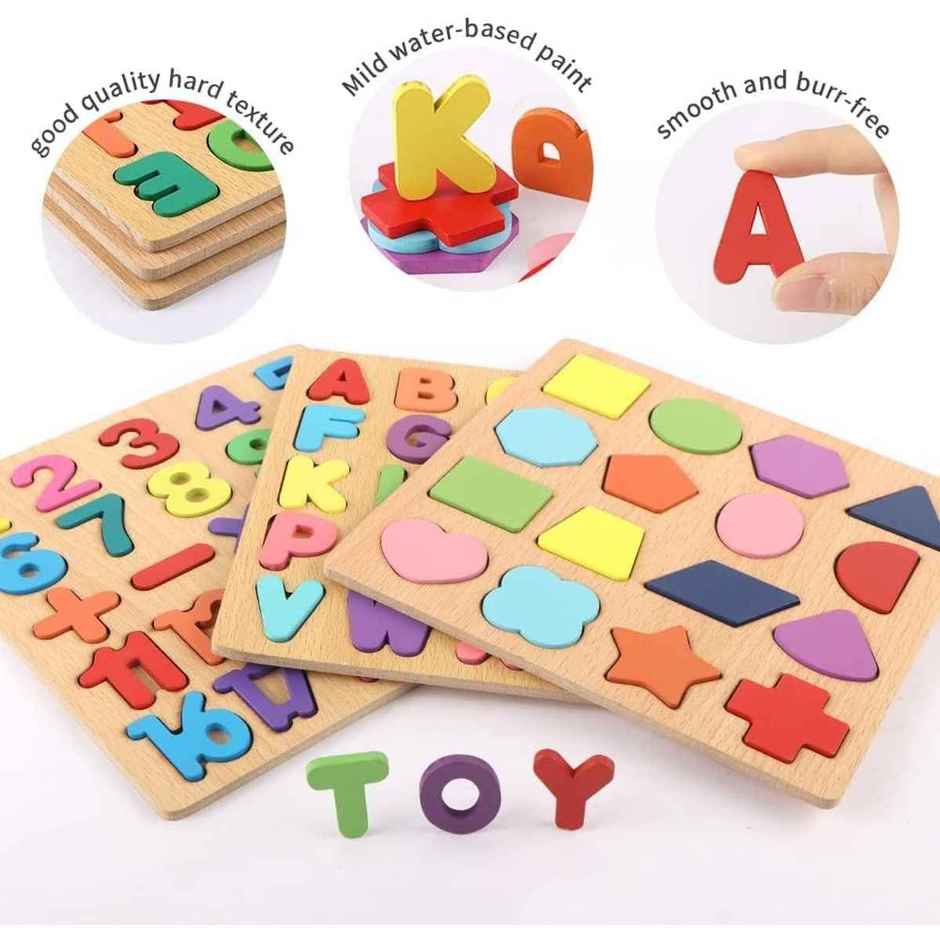 Fablue Wooden Puzzle Toddlers Toy For Kids - Alphabets, Numbers And Shapes Puzzle Set