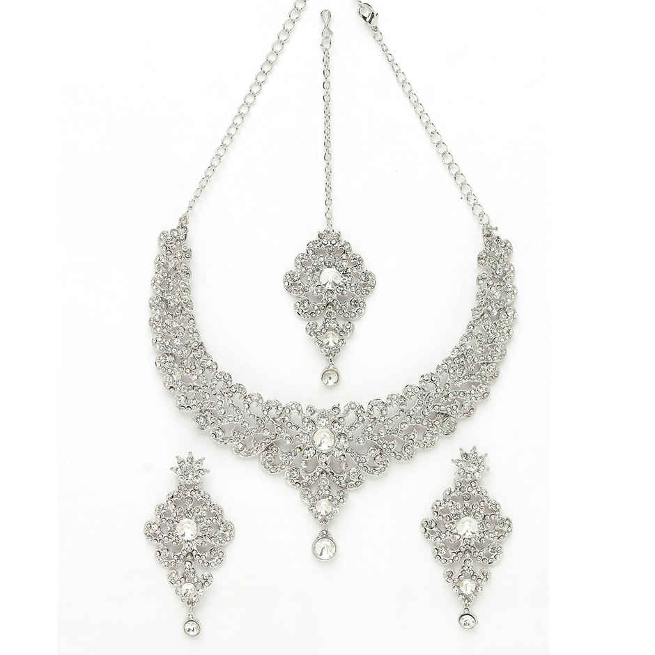 Sukkhi Awsome Rhodium Plated Silver Stone Studded Choker Necklace Set