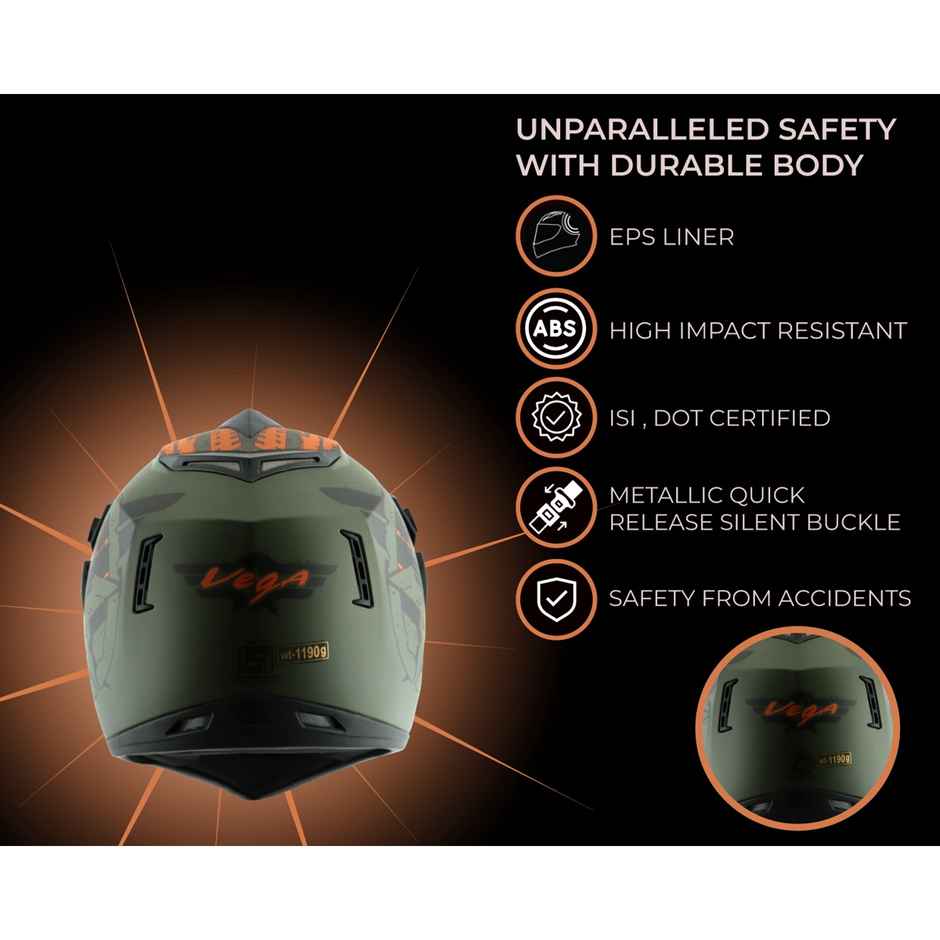 Vega Off Road D/V Secret Lightweight Full Face Helmet- Dull Green Black - L