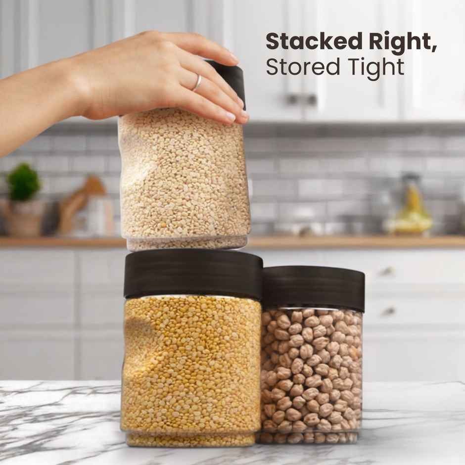 Flair Plastic Stackup Pet Jar Set Of 3 Pcs 1000 ml (Brown), Transparent