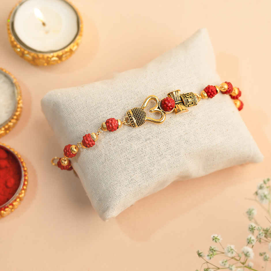 Rudraksh Bracelet Om Shiv Damroo Rakhi | Rudraksha | Pack of 1 | Tomuncle
