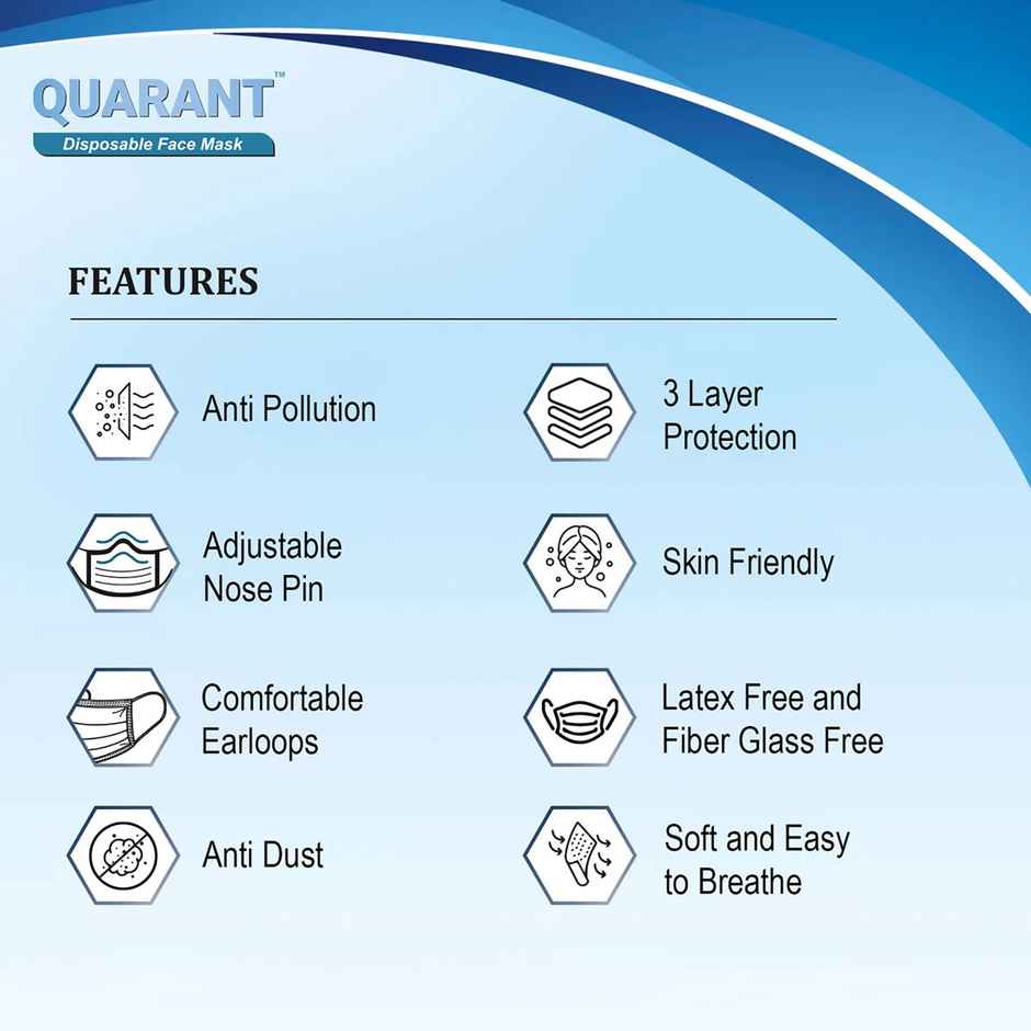 Quarant 3 Ply Disposable Anti-Pollution Face Mask With Reusable Travel Pouch | Blue - Pack Of 50