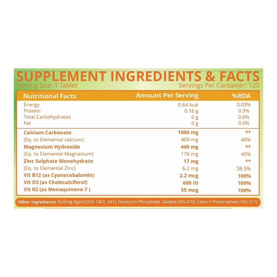 Himalayan Organics Calcium Magnesium Zinc Vitamin D3 K 120 VEGetarian Tablets