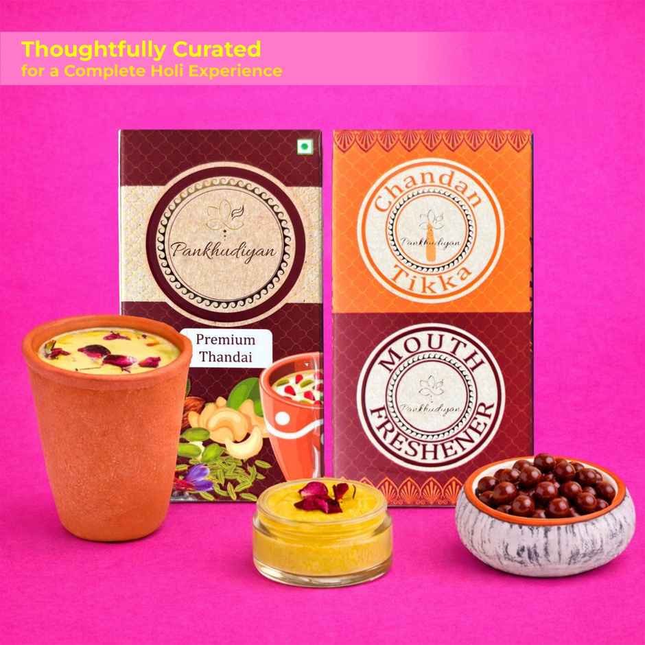 Premium Certified Natural Holi Colour Gift Set with Chandan Tika, Mukhwas & Thandai | Pankhudiyan