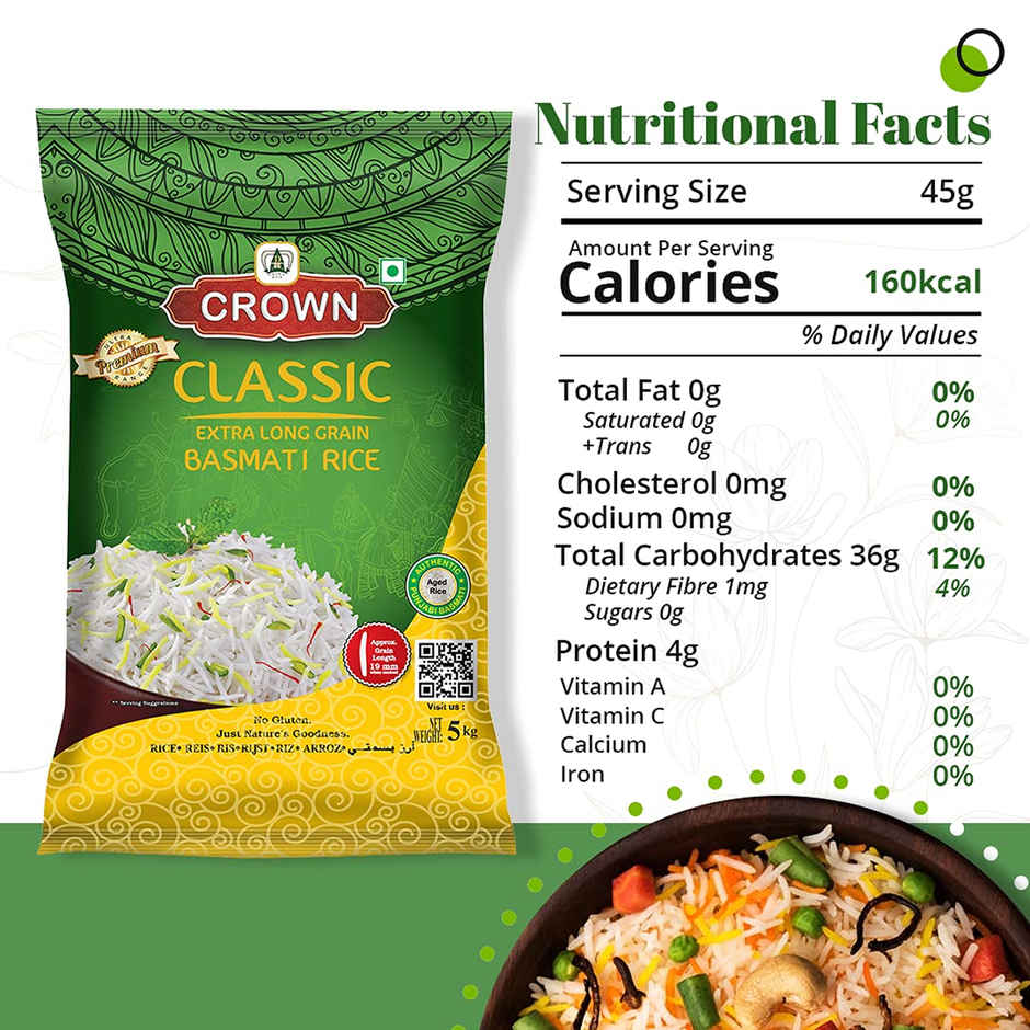 Crown Classic Extra Long Grain Basmati Rice (Naturally Aged Biryani & Pulav rice)