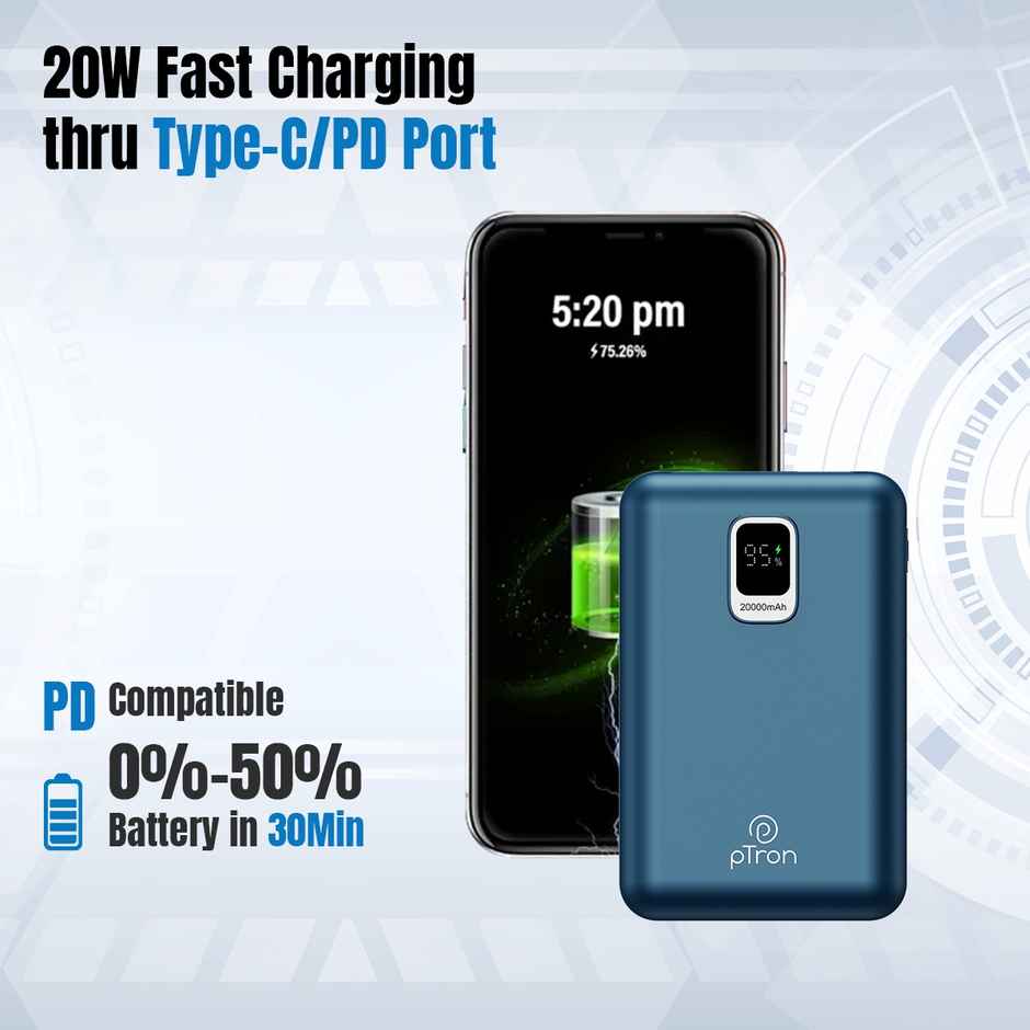 pTron Dynamo Ultra 20000 mAh Power Bank | 22.5W Fast Charging | 20W Pd Charging | 3 Output Ports - Blue
