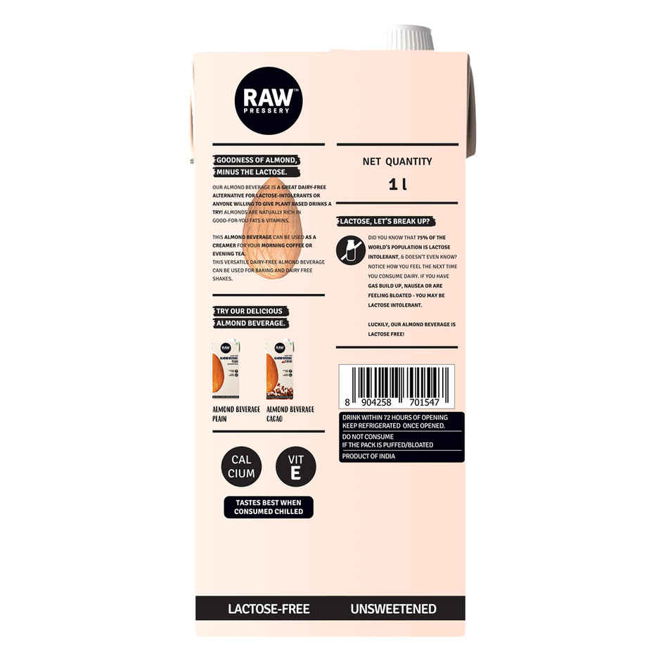 RAW Pressary Almond Bevarage Plain (Unsweetened)  Lactose Free  Vegan Drink