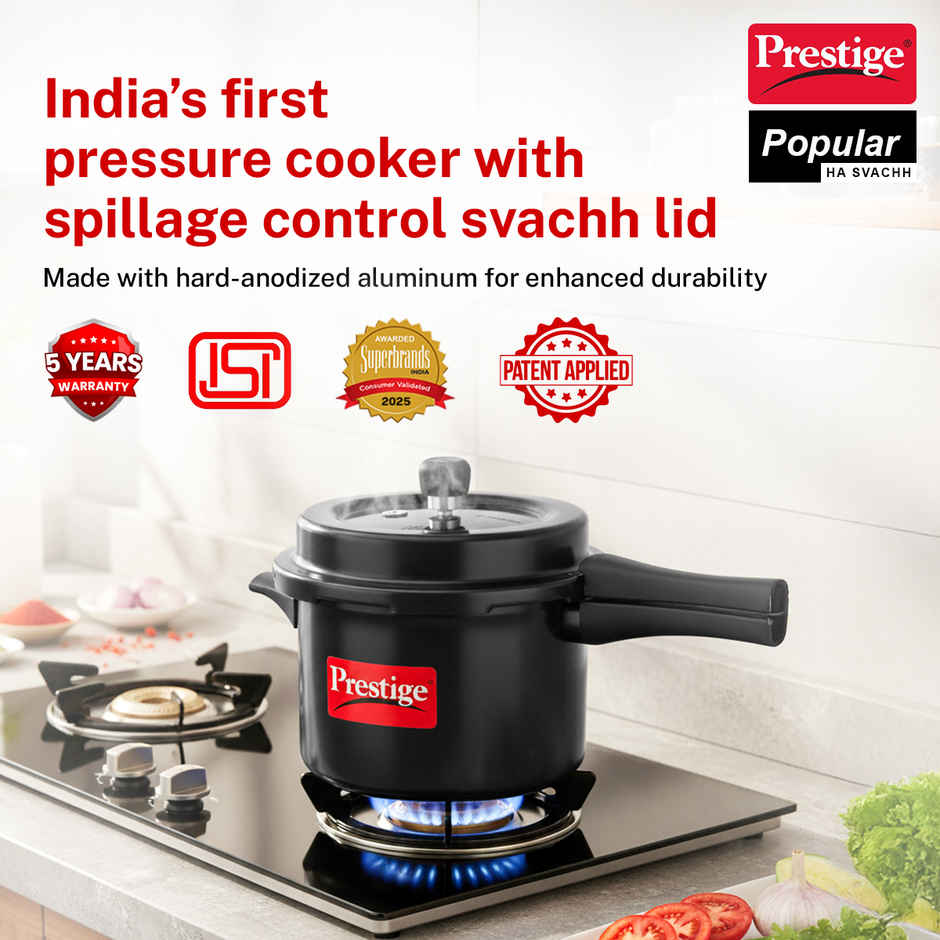 Prestige Popular Svachh HA Pressure Cooker 5L,Control Spillage,Highest Safety,Black,ISI Certified