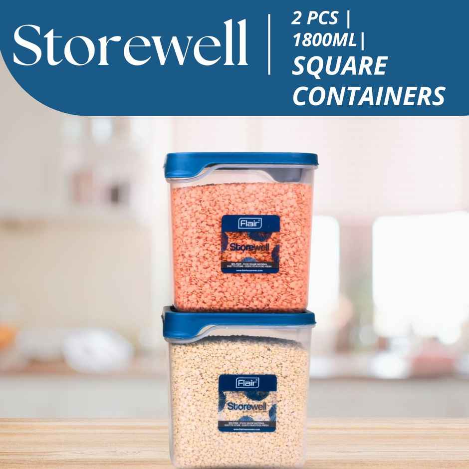 Flair Plastic Storewell Square Food Storage Containers 1800Ml - Set Of 2 (Blue)