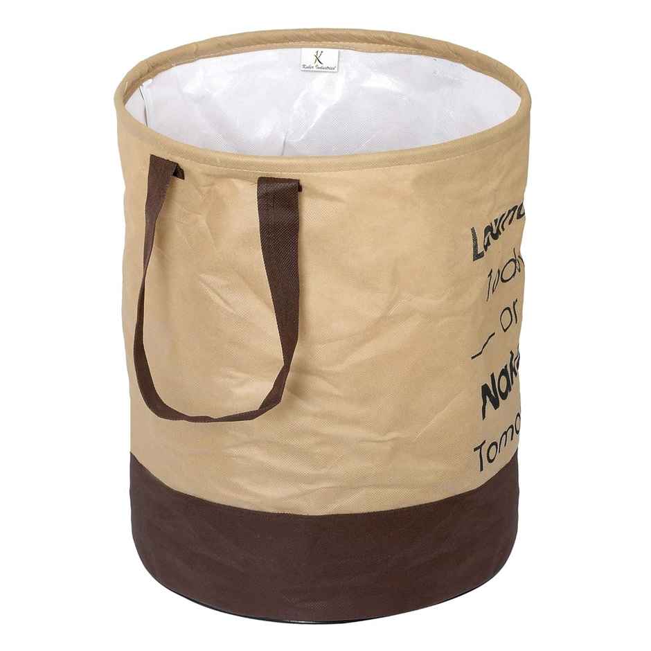 Kuber Industries Foldable Bin & 45 Liter Waterproof Round Non Wovan Laundry Bag (Beige & Brown)