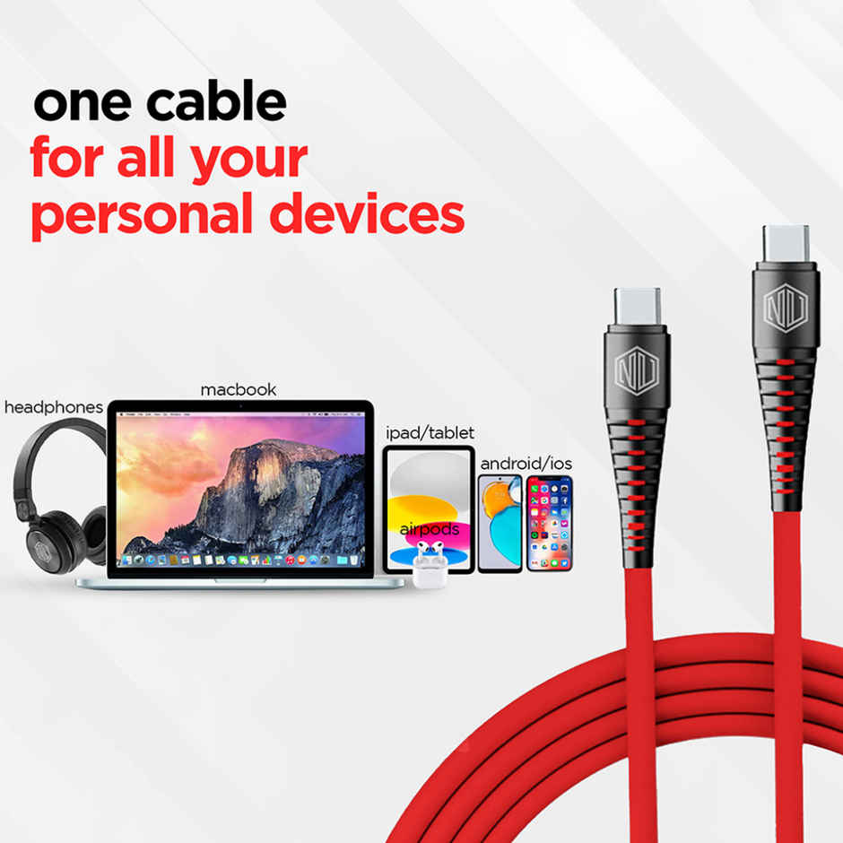 Nu Republic Blaze Supersonic 65W Type-C to Type-C Cable 1 m Fast Charge Cable (Compatible with Mobile, Tablet, Laptop, One Cable) - Red
