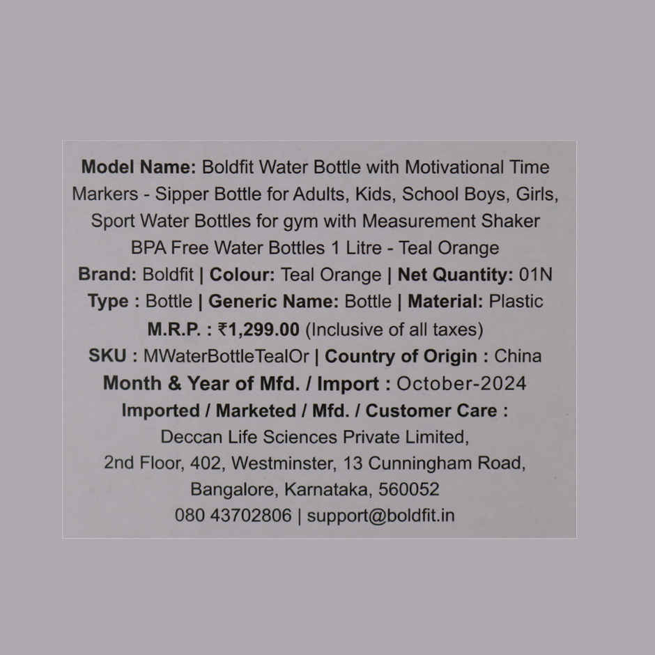 Boldfit Plastic Water Bottle with Motivational Time Markers | Teal and Orange | 1 L