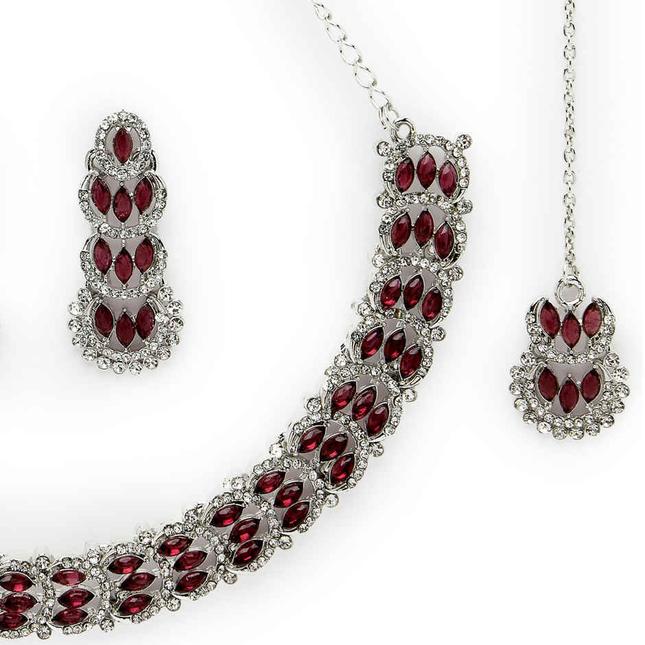 Sukkhi Beguiling Rhodium Plated Maroon Stone Studded Choker Necklace Set