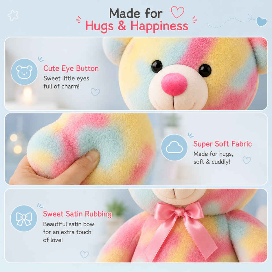 ToyTales Rainbow Teddy Bear Soft Toy | Plushie Stuffed Animal Toys | Birthday Gift for Kids | MultiColor | 45cm