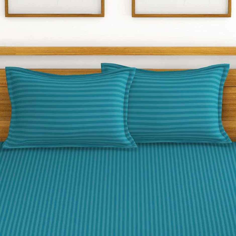 Bianca Super Soft 100% Cotton Satin Stripe Double Bedsheet With 2 Pillow Covers Stripe Souba Blue