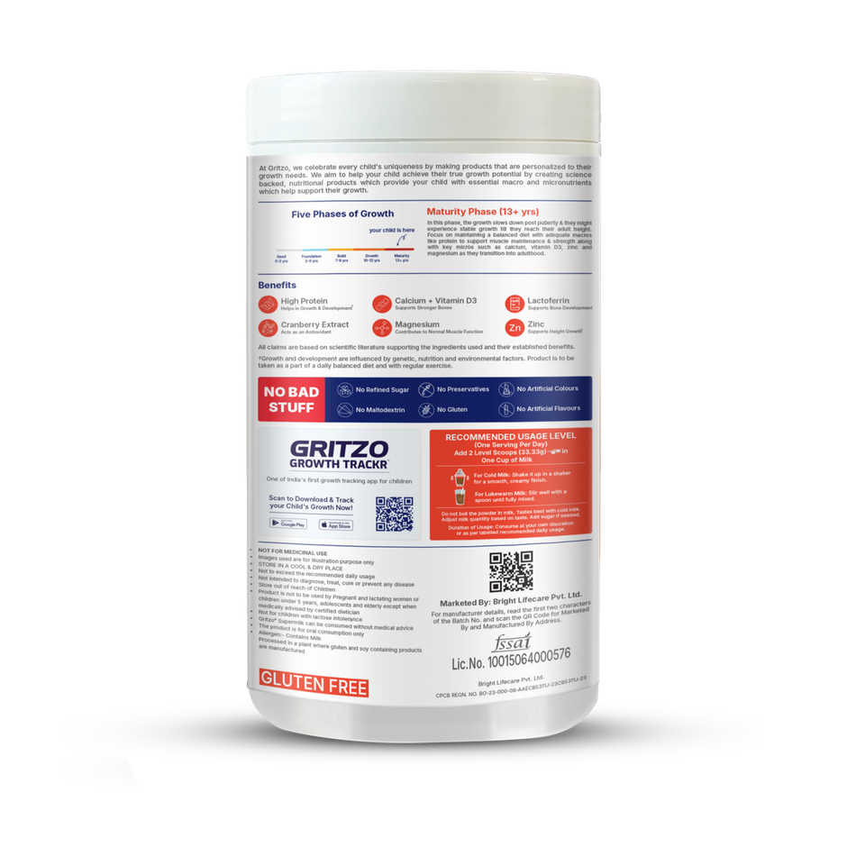 Gritzo Supermilk Height+ (8-12Y Boys), 10G Protein (Double Chocolate) (400g) & Gritzo Supermilk Chocolate Drink Mix | For +13 Years Kids (400g) Combo