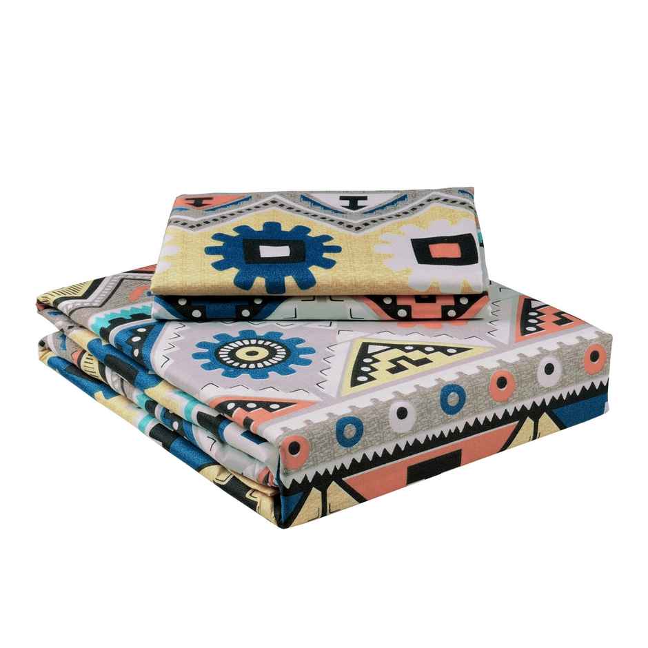Story@home 240 TC Microfiber Double Printed Flat Bedsheet Beige & Grey | Aztec