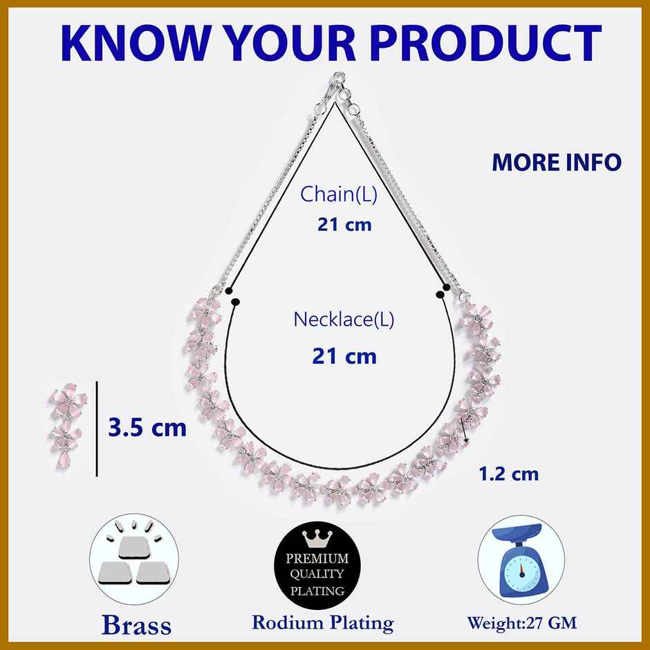 Zeneme Rhodium Plated AD Flower Shaped Jewellery Set For Women & Girls