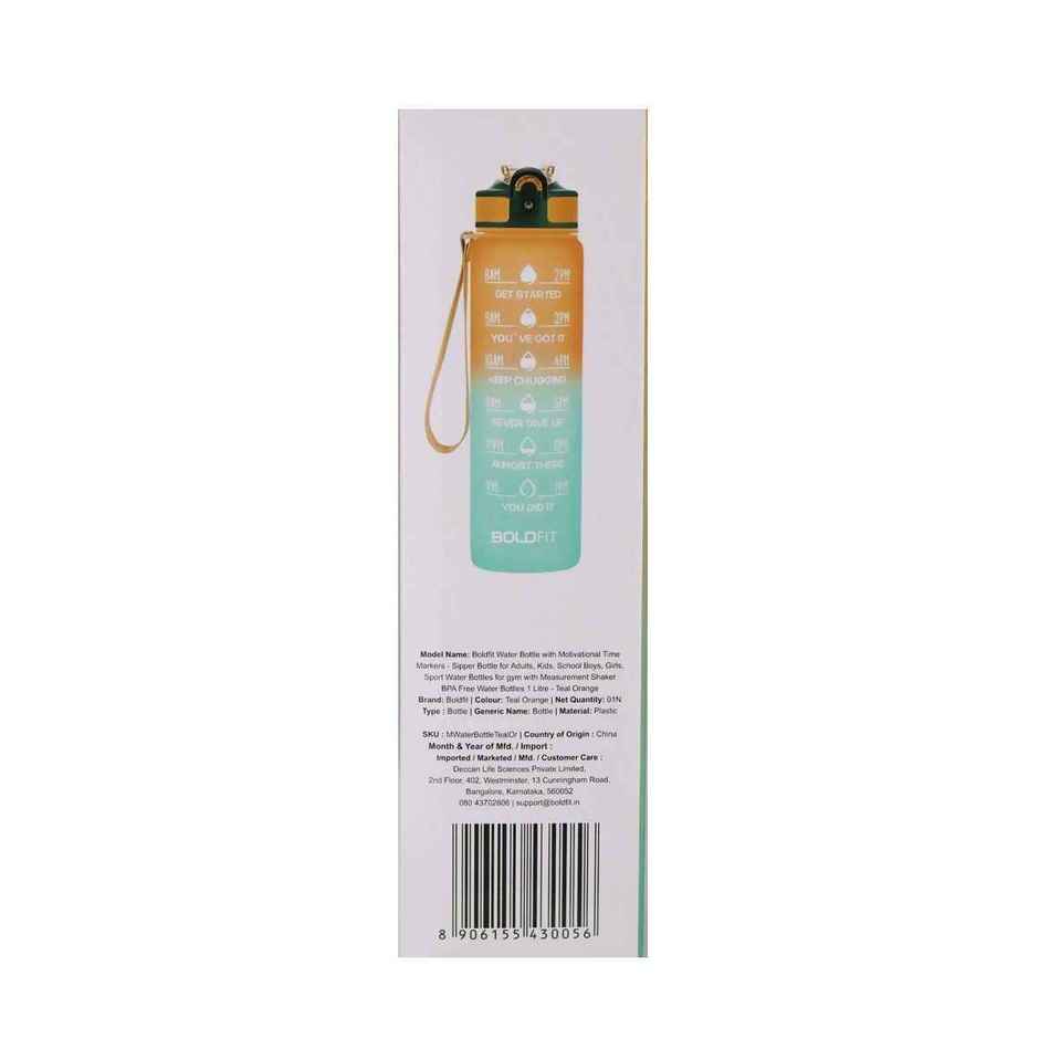 Boldfit Plastic Water Bottle with Motivational Time Markers | Teal and Orange | 1 L