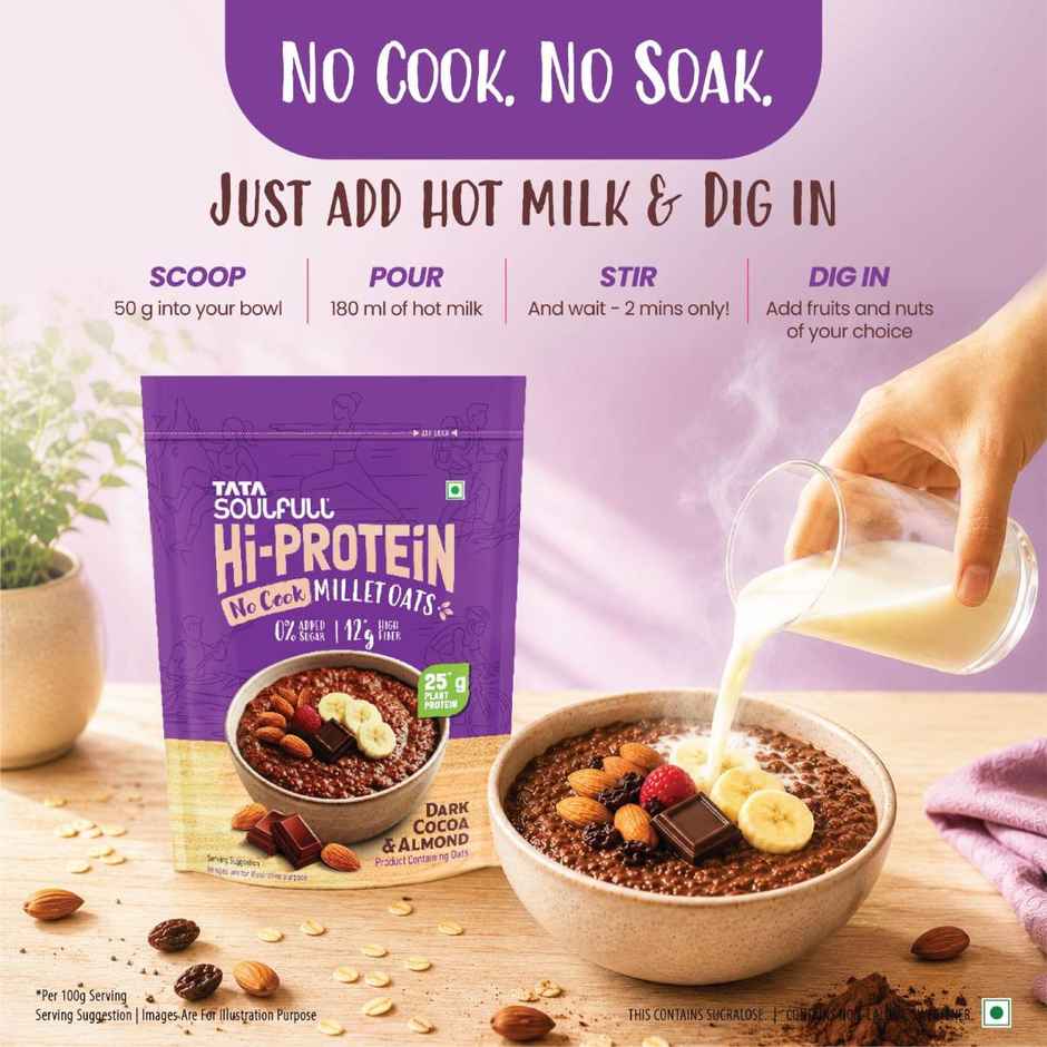 Tata Soulfull No Cook Millet Hi Protein Oats Dark Cocoa & Almond, 25g Plant Protein, High Fibre
