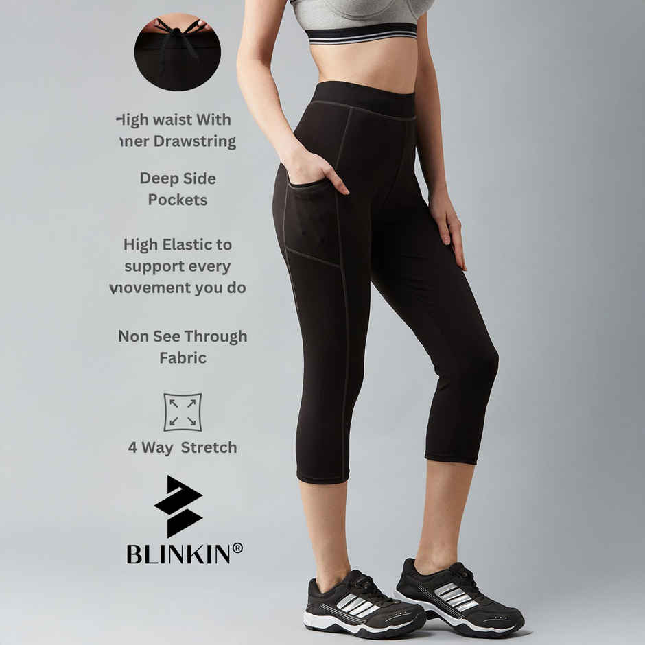 Blinkin Women's 3/4 Gym Tights - Black | Grey | With Side Pockets | Perfect For Yoga | L