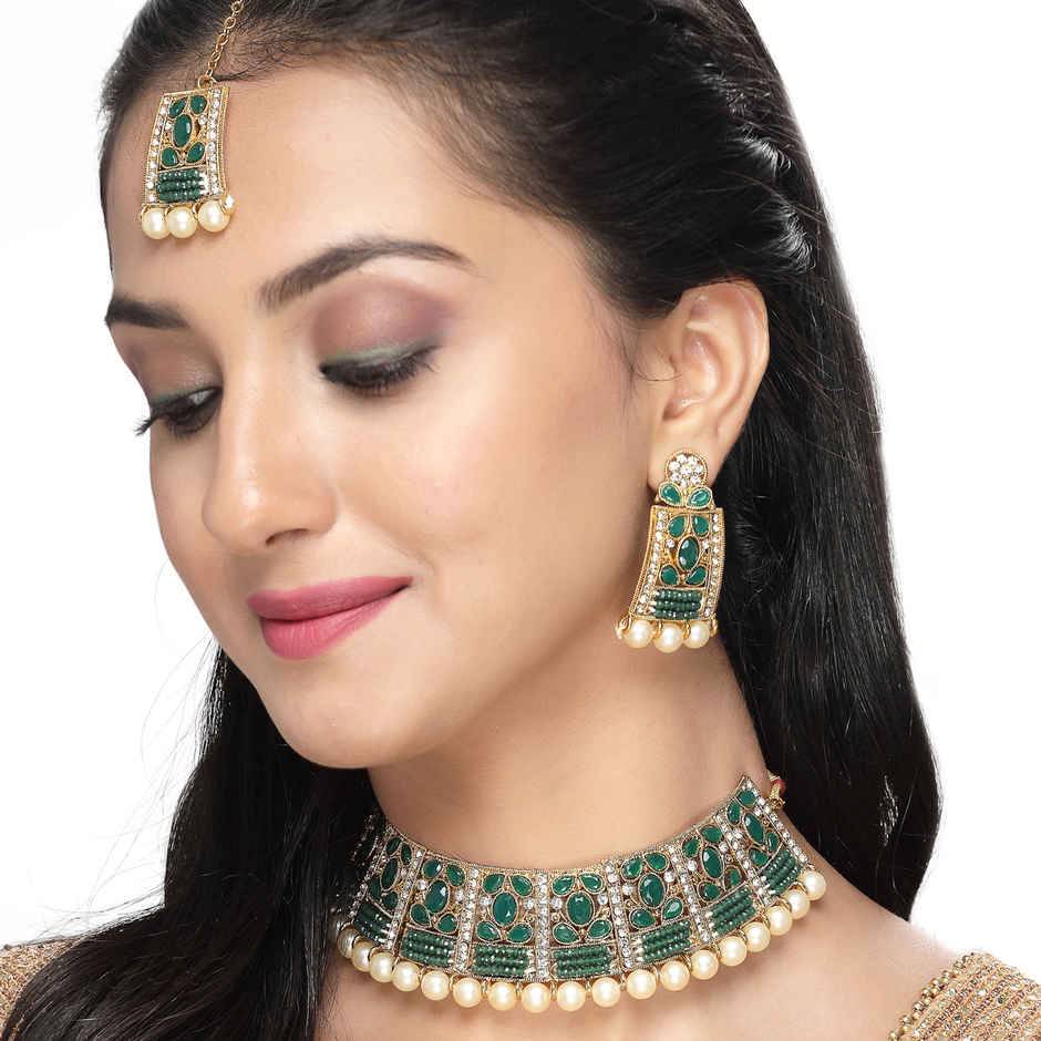 Sukkhi Striking Gold Plated Green Stone Studded Choker Necklace Set
