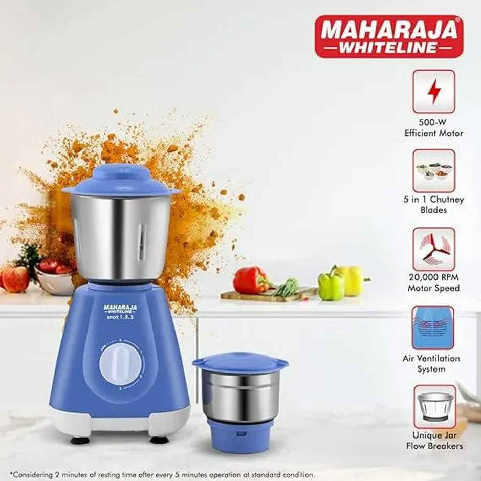 Maharaja Whiteline Smart 1..2..3 Mixer Grinder | 500 W Motor | 2 Jars - Blue