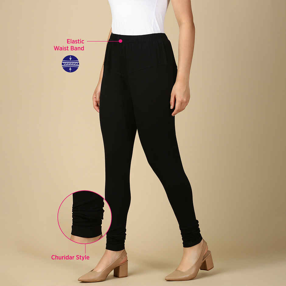 PYNK By Lux Cozi Women Ultra Soft 360 Stretch Premium Cotton Churidar Leggings | Black | Free Size