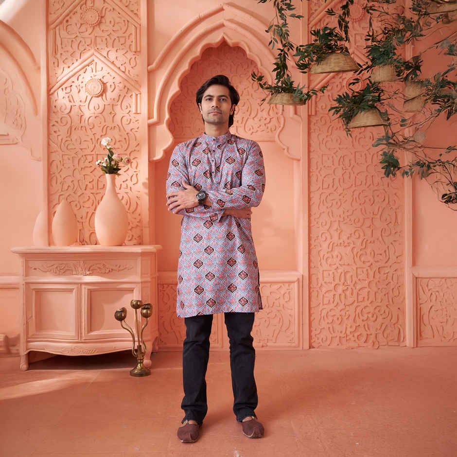 House Of Festivals Men's Printed Cotton Blend Long Kurta | Light Blue - M