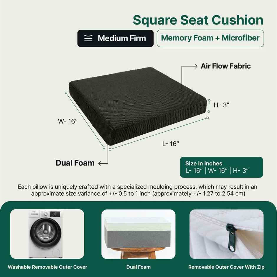 The White Willow Orthopedic Dual Memory Foam Seat Cushion | Chair Support | 16 x 16 Inch - Black