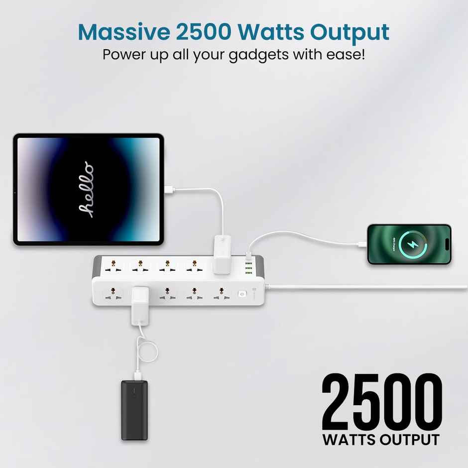 Portronics Power Plate 14 Extension Board with 10 Universal Sockets,3 Meter Long Cord, 2500W(White)